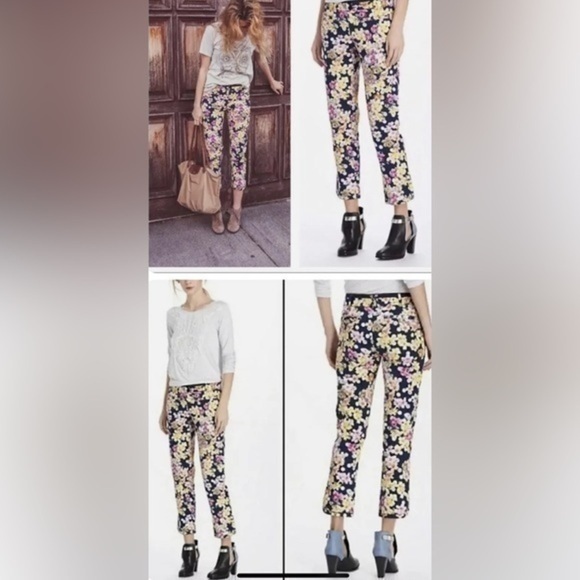 Anthropologie Cartonnier Pants Womens Sz 8 Navy Blue Floral Print Ankle Trousers - Picture 11 of 13